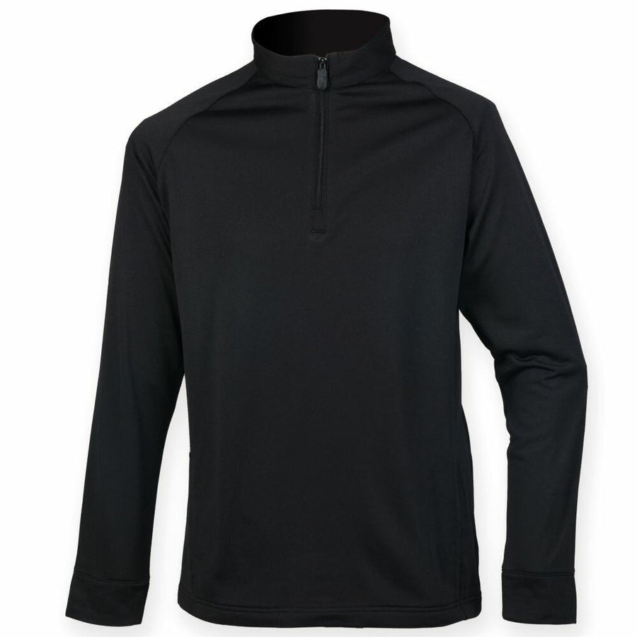 A black HB862 long-sleeve pullover with a quarter-zip collar by Henbury displayed on a white background.