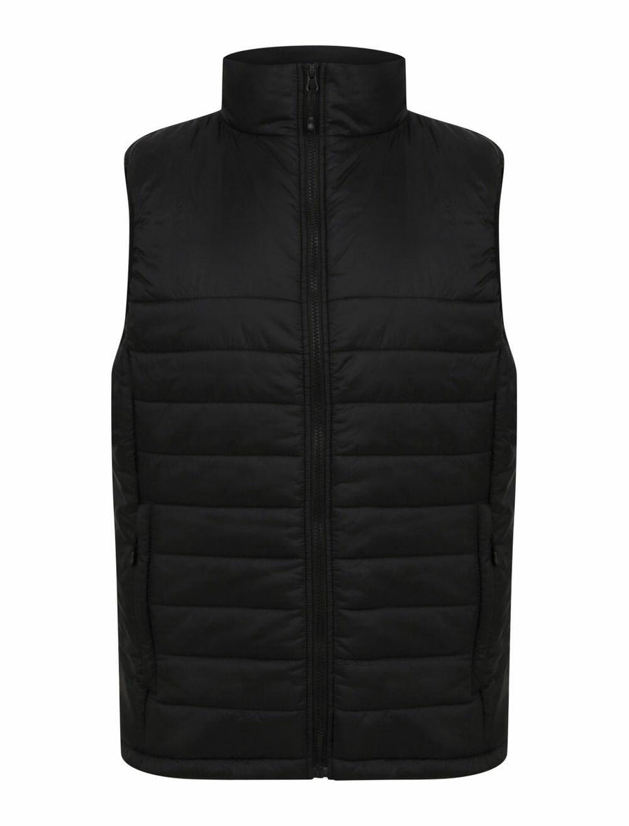A black quilted puffer vest by Henbury, featuring a front zipper and high collar, product name HB875.