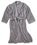 A Robes product in grey towelling featuring long sleeves, two large front pockets, and a matching belt, displayed flat on a white background.