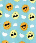 Home & Living's HL007 features cartoon sun faces wearing sunglasses with clouds set against a blue background.