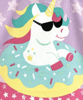 The HL007 design from Home & Living features a whimsical cartoon unicorn sporting a rainbow-colored mane and horn, complete with sunglasses, comfortably nestled in a frosted donut topped with sprinkles. Set against a backdrop of purple adorned with white stars, the unicorn is depicted holding a drink under its arm.