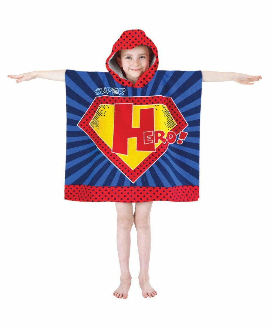 Child wearing a Home & Living HL008 superhero-themed poncho-style towel with a red hood and the word "Hero" in bold letters on the front. Arms are extended to the sides.