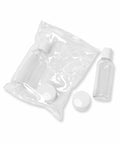 Two clear plastic bottles with white caps, one inside a transparent ziplock bag and the other outside, with two additional white caps nearby, HL030 by Home & Living.