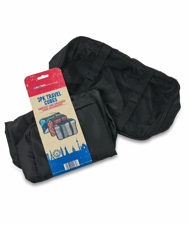 Three black travel cubes with a packaging label displaying an image of the travel cubes and text that reads "Home & Living HL031." The cubes are partially stacked with one showing a mesh zippered top.