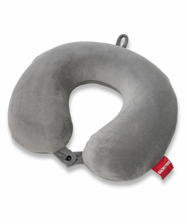 A gray U-shaped travel neck pillow with a small loop for hanging and a red tag on the side, known as HL037 by Home & Living.