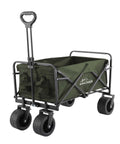 The HL040 by Home & Living is a green collapsible wagon featuring a black metal frame with four large wheels, a handle for pulling, and a storage compartment.