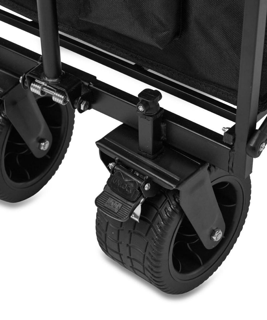 Close-up of the HL040 wheel from Home & Living, featuring a brake pedal. The black wheel is equipped with a textured rubber tread and attaches to a robust metal frame, with a locking mechanism visible near the top.