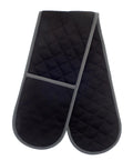 Gloves: Black double oven glove with grey trim and quilted stitching, designed to protect hands from heat when handling hot cookware.