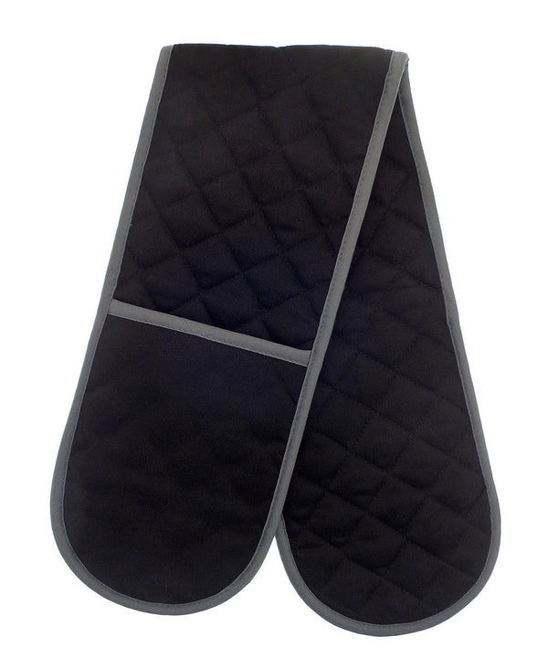 The Home & Living Pro Chef double oven glove is black and quilted with grey trim, has two separate hand pockets, and is connected by a fabric strip.