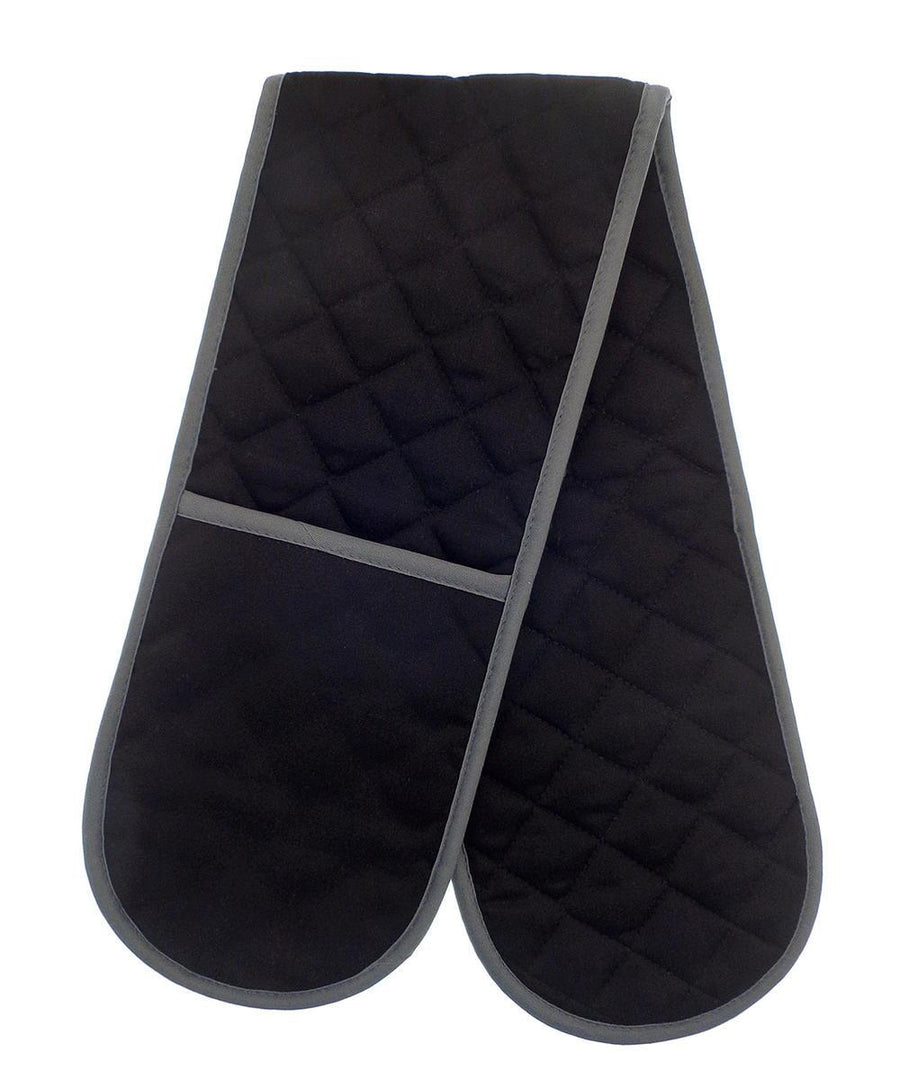 The Home & Living Pro Chef double oven glove is black and quilted with grey trim, has two separate hand pockets, and is connected by a fabric strip.