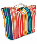 A large, colorful HL205 tote bag with vertical stripes in shades of red, blue, green, and yellow, featuring white rope handles from Home & Living.