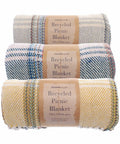 Three rolled and labeled Home & Living HL206 recycled picnic blankets in various plaid patterns and colors. Each blanket measures approximately 120x150 cm.