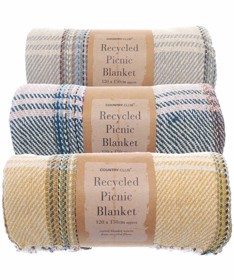 Three HL206 recycled picnic blankets by Home & Living, featuring blue, green, and yellow patterns, each labeled with dimensions of 120 x 150 cm.