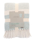 A folded duck egg green and white woven throw blanket with fringes, tagged with product information from Home & Living, named "HL208.