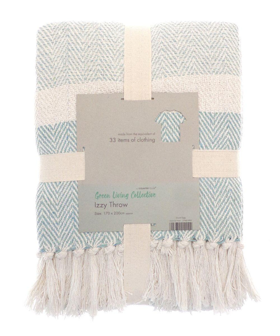 A folded duck egg green and white woven throw blanket with fringes, tagged with product information from Home & Living, named "HL208.