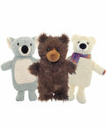 Three stuffed animals are shown: a gray koala, a brown bear, and a white polar bear wearing a colorful scarf. They are standing in a line against a white background. The product featured is HL213 from Home & Living.