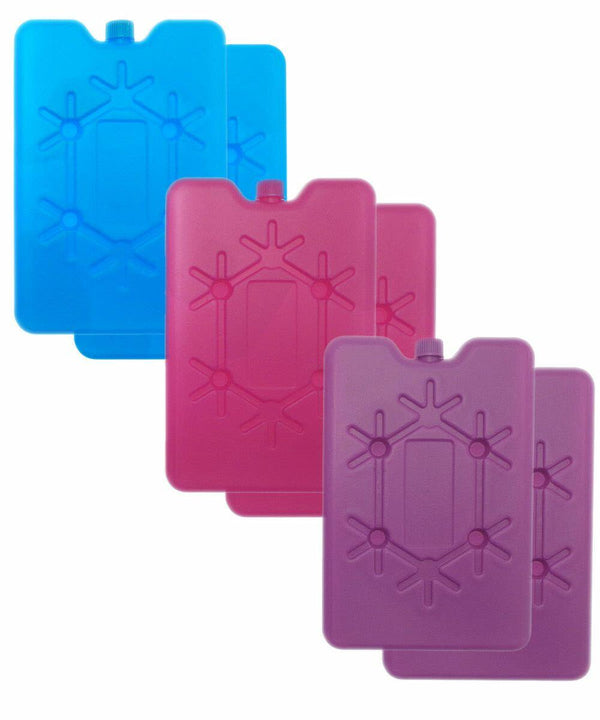 Four rectangular ice packs in blue, red, and purple arranged in two vertical rows. Each pack features a snowflake design and a small cap at the top. The product is HL215 from Home & Living.