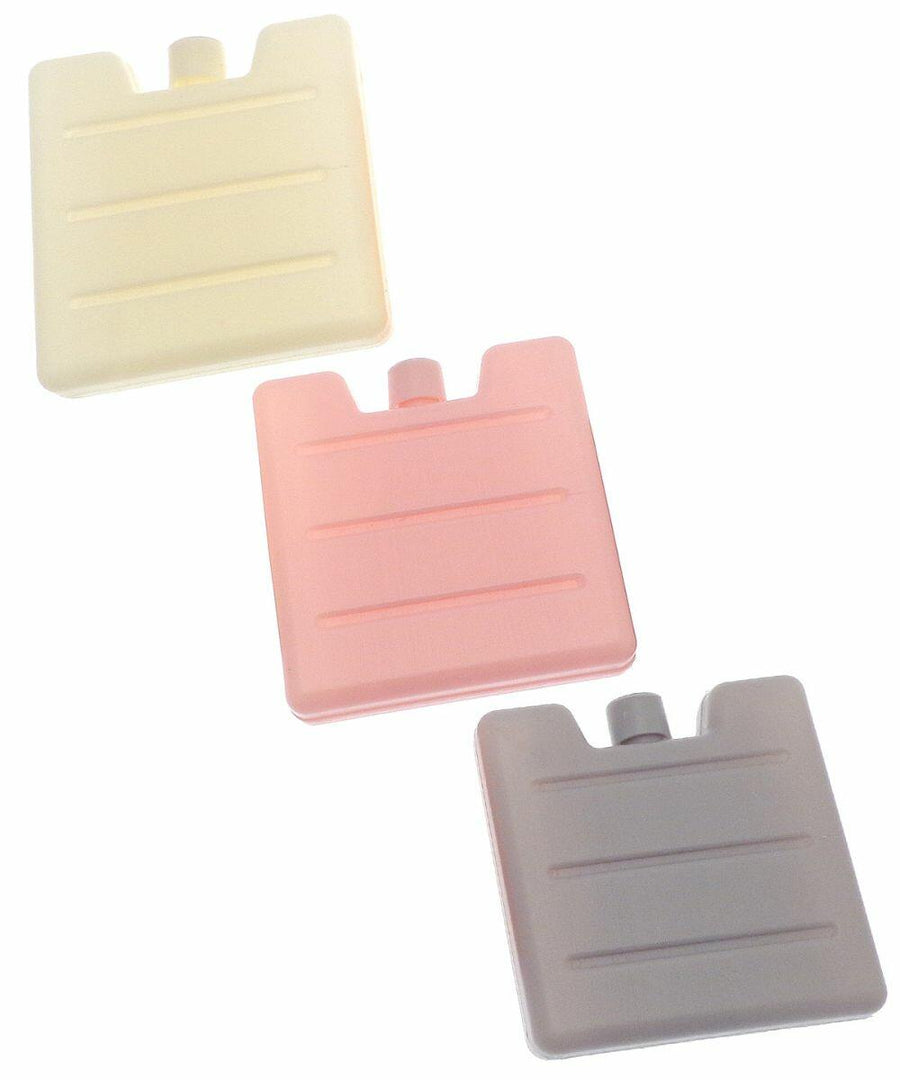 Three rectangular ice packs from the Home & Living HL216 collection, available in pastel yellow, pink, and gray, each featuring a cap on top.