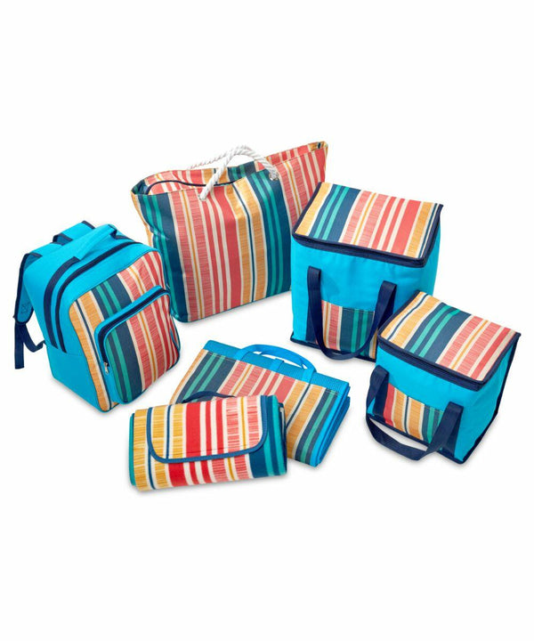 A set of six blue travel bags with multicolored striped accents, including a backpack, tote, cooler bags, and foldable bags, displayed against a white background. The set is the HL221 from Home & Living.