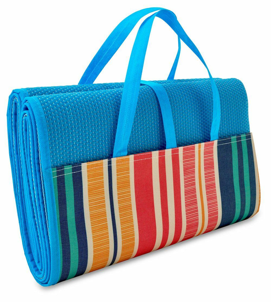 The Home & Living HL221 mat is foldable in blue, featuring blue handles and a striped pocket with red, orange, and blue hues.