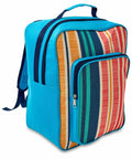 A bright blue backpack with a large front pocket featuring a multicolored stripe pattern in shades of red, yellow, and green from the Home & Living brand, model HL222.