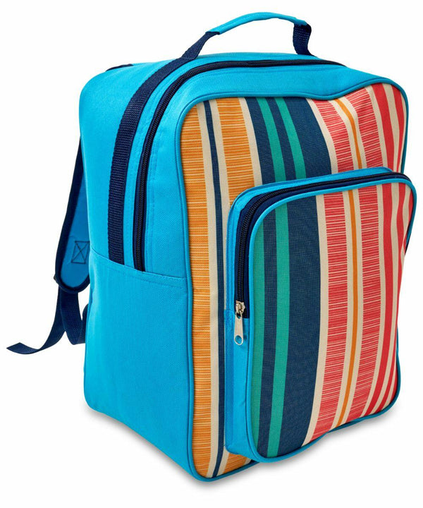 A bright blue backpack with a large front pocket featuring a multicolored stripe pattern in shades of red, yellow, and green from the Home & Living brand, model HL222.