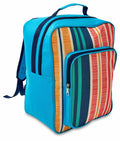 Introducing the HL222 from Home & Living: a blue backpack equipped with two front pockets adorned with vibrant vertical stripes in orange, red, and blue. It boasts a top handle along with adjustable shoulder straps for added convenience.