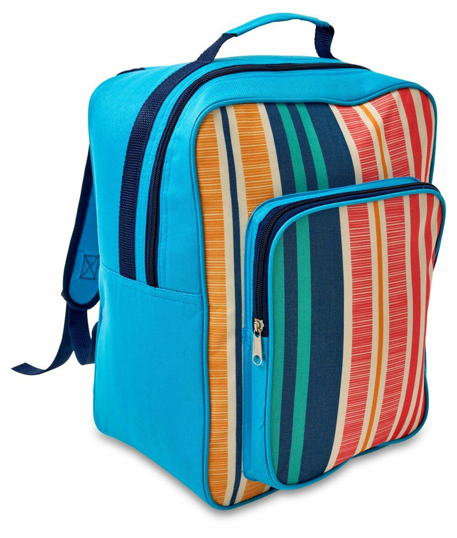 Introducing the HL222 from Home & Living: a blue backpack equipped with two front pockets adorned with vibrant vertical stripes in orange, red, and blue. It boasts a top handle along with adjustable shoulder straps for added convenience.