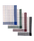 Four tea towels from the Home & Living 10-pack are neatly laid out, each with a white base and borders in blue, green, red, and black. The grid-patterned towels are arranged side by side on a white surface.