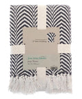 A black and white chevron throw blanket with fringe, wrapped in a beige band labelled “Blankets, Size: 170 x 200 cm,” is made from 57 recycled clothing items.