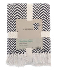 A folded black and white chevron-patterned recycled mixed-fabric throw with white fringe, wrapped in a beige band labelled “Home & Living, Recycled mixed-fabric throw, Size: 170 x 200 cm.”.