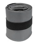 A product called Bags features a tightly rolled grey fabric hose secured by a black strap at the centre, with a visible loop at one end and a smooth texture.