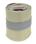 A rolled beige fabric bag secured with a grey strap, maroon fabric visible at the top inside the roll, isolated on a white background.