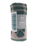 Dog Towels: Rolled jacquard pet towel, green/beige with paw print and check label design, features a paw print border. Measures 90 x 165 cm.