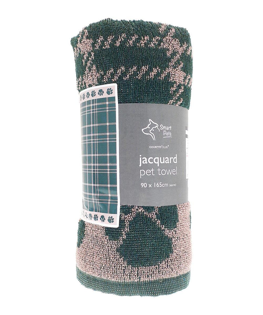 Dog Towels: Rolled jacquard pet towel, green/beige with paw print and check label design, features a paw print border. Measures 90 x 165 cm.