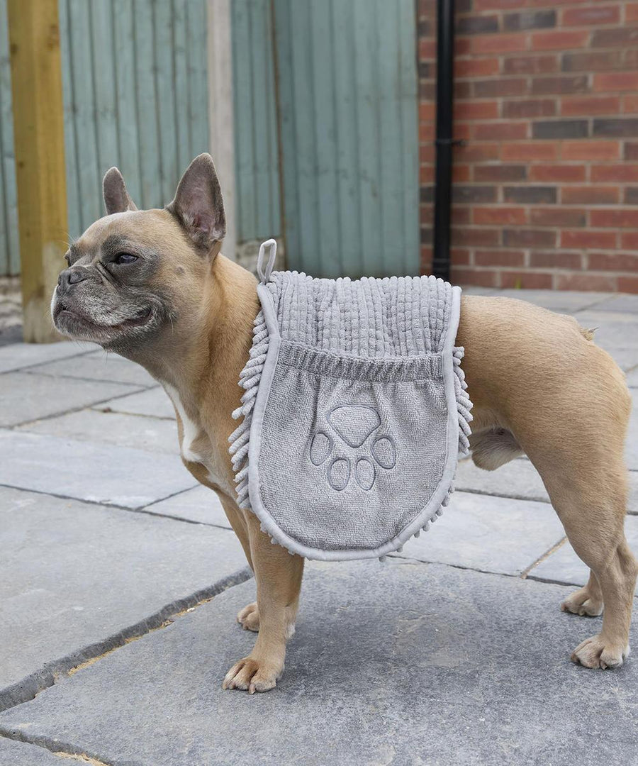 A light brown French Bulldog stands on a stone patio wearing the grey, paw-shaped Noodle pet towel by Home & Living. Behind the dog are a green wooden fence and a brick wall.