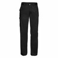 The J001M by Russell is a pair of black cargo pants featuring several pockets, including two side pockets and a button closure.