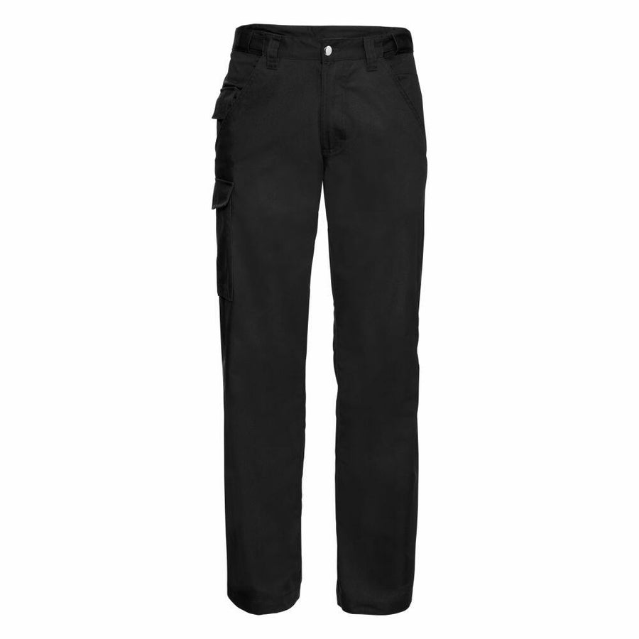 The J001M by Russell is a pair of black cargo pants featuring several pockets, including two side pockets and a button closure.