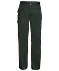 Russell's J001M features dark green cargo pants equipped with multiple pockets and a button closure, shown against a white backdrop.
