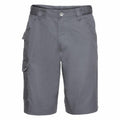 Russell's J002M features gray cargo shorts equipped with belt loops, a button closure, and side pockets.