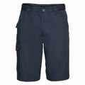 Russell's J002M dark blue work shorts feature a button closure and come with multiple pockets, including a convenient cargo pocket on the side.
