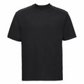 The Russell J010M features a plain black design with short sleeves and a crew neckline, displayed against a white background.