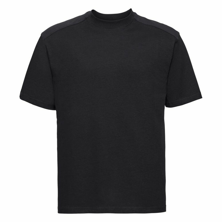The Russell J010M features a plain black design with short sleeves and a crew neckline, displayed against a white background.