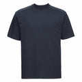 A plain black short-sleeved T-shirt from Russell, model J010M, on a white background. The shirt features a simple crew neck design with no visible logos or designs.