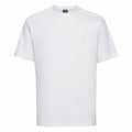 The J010M by Russell is a plain white T-shirt with short sleeves and a round neckline, presented against a white backdrop. The T-shirt is smoothly ironed and boasts a simple, classic design.