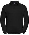 Russell's J012M is a plain black long-sleeve polo shirt featuring a collar and three buttons.