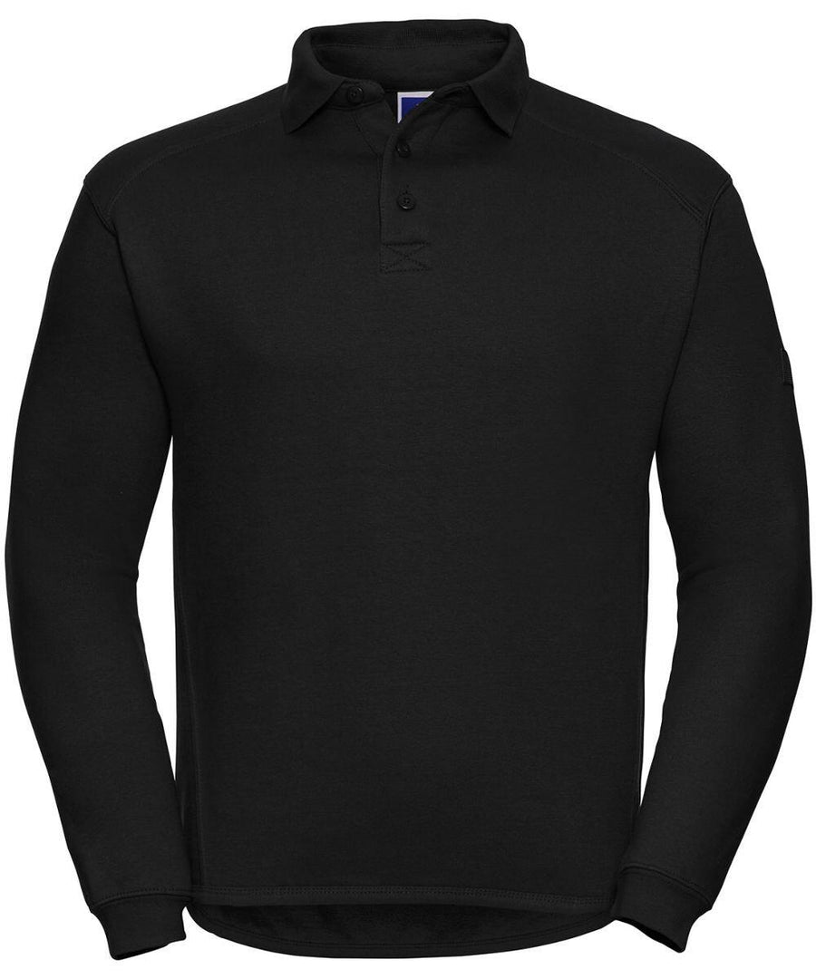 Russell's J012M is a plain black long-sleeve polo shirt featuring a collar and three buttons.