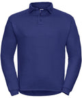 Russell's J012M is a blue polo shirt featuring long sleeves, a collar, and three buttons.