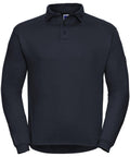 The J012M long-sleeve polo shirt by Russell features a black color, a collar, and three buttons at the top. It is displayed against a white background.