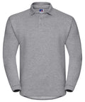 The Russell J012M is a gray long-sleeve polo shirt with a collar, three buttons, and a small logo near the neckline.